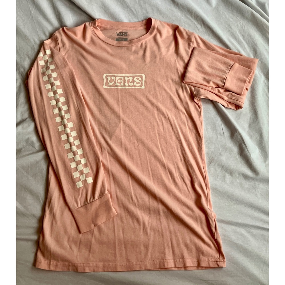 Vans Graphic Long Sleeve Peach Pink T Shirt Checkered Sleeve Size Small
